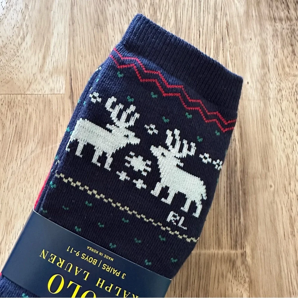 Polo Ralph Lauren Boys Crew Socks Reindeer Holiday 3 Pairs‎ Boys Size 9-11
